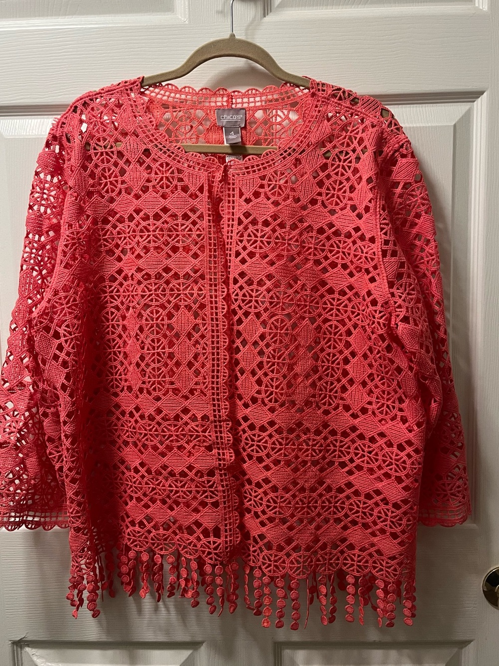 Chico's Coral Crochet Fringe Openwork Jacket. Chico’s Size 4. XXL. Resortwear